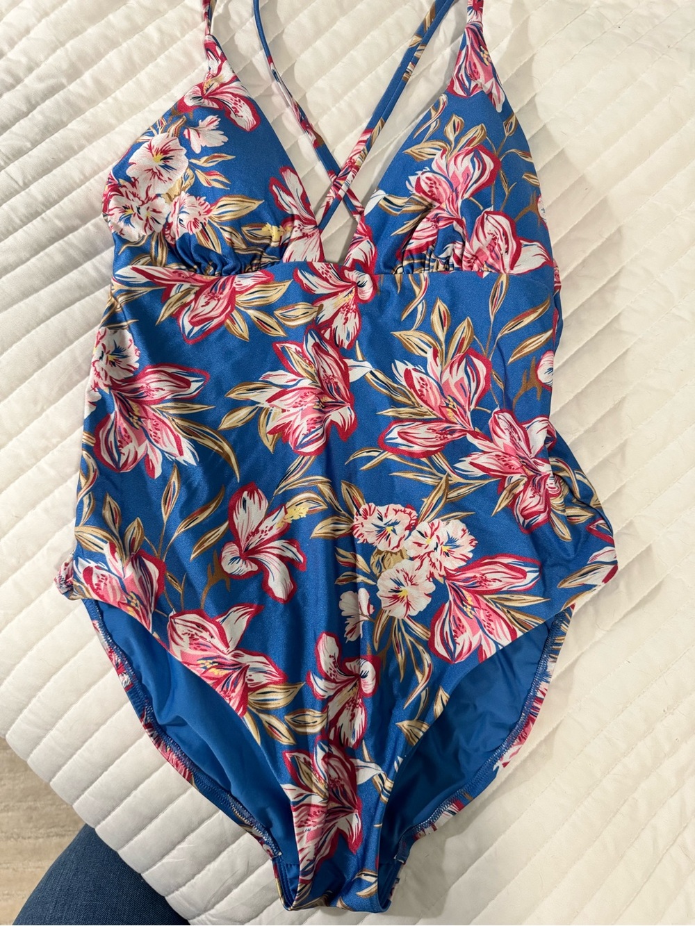 Shade & Shore Blue One-Piece Swimsuit with Pink Floral Print
